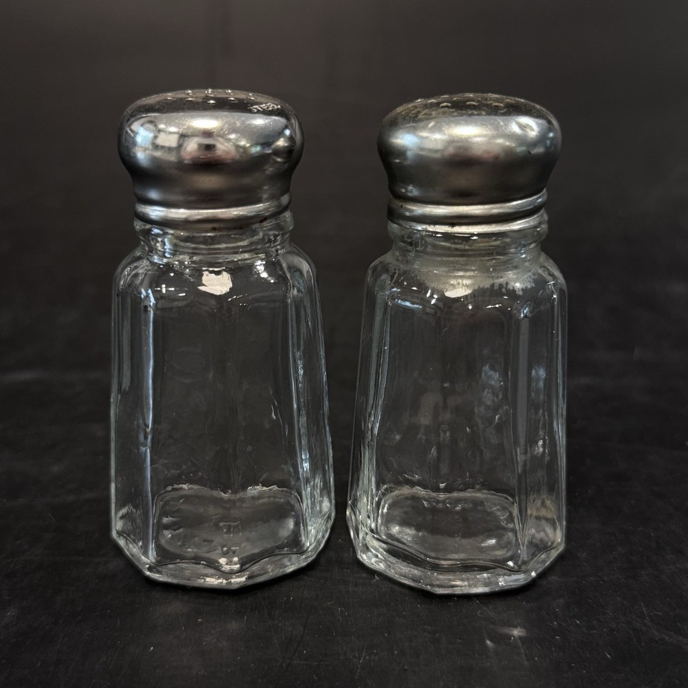 Clear Glass Salt & Pepper Shaker Set w Stainless Steel Lids Marked B
